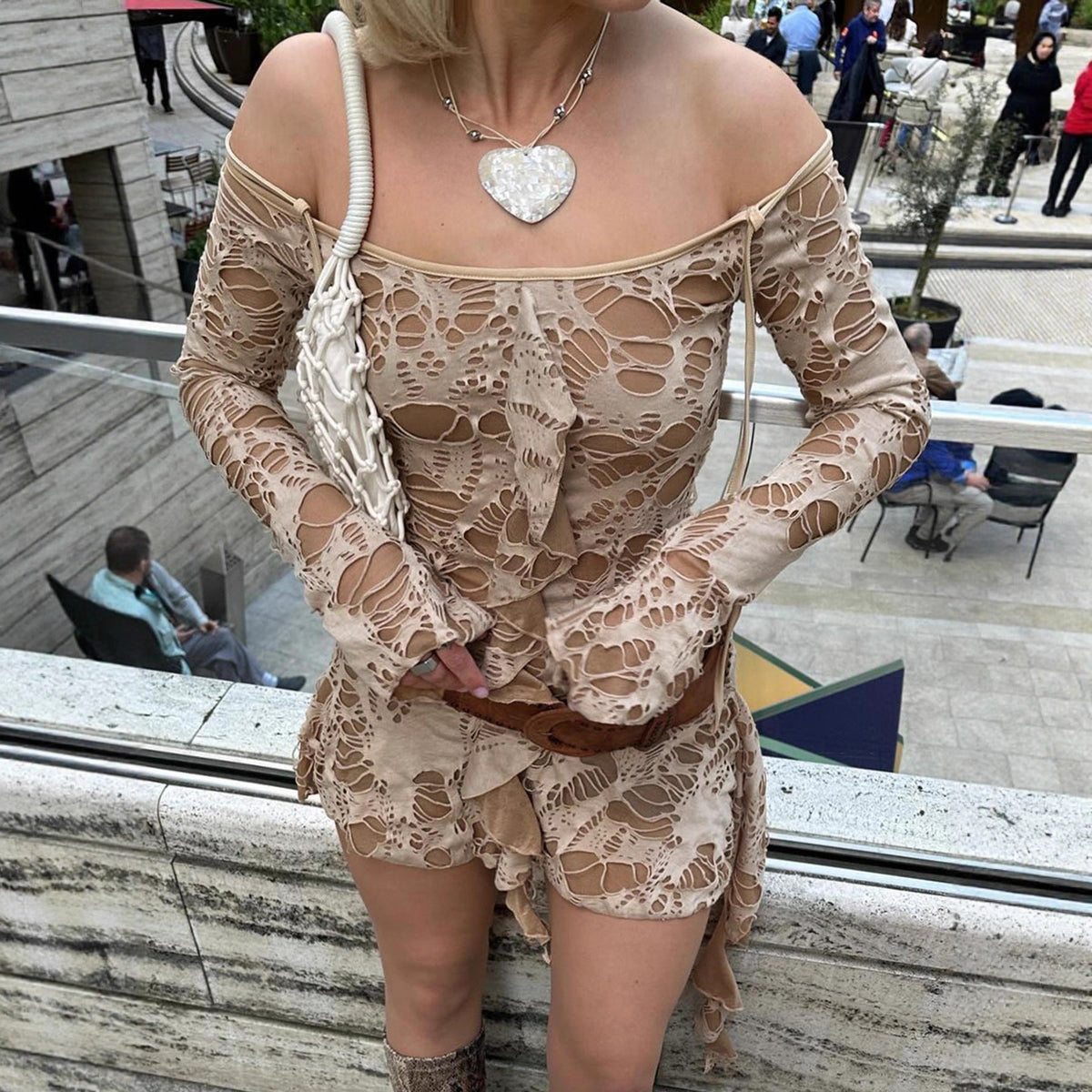Retro Waste Soil Sexy Ripped Fabric Bell Sleeve off Shoulder Irregular Asymmetric Dress  DestGlow