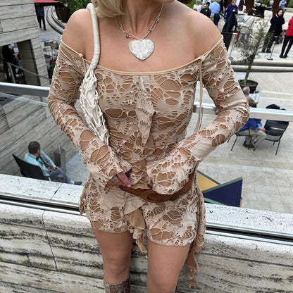 Retro Waste Soil Sexy Ripped Fabric Bell Sleeve off Shoulder Irregular Asymmetric Dress  DestGlow