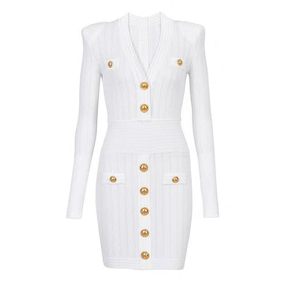 High Quality Knitted Fabric V neck Slim Fit Slimming Long Sleeves Dress by Ragazza