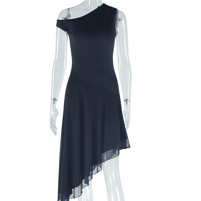 Women Clothing Solid Color Dress Diagonal Collar off Shoulder Sleeveless Irregular Asymmetric Dress by Ragazza