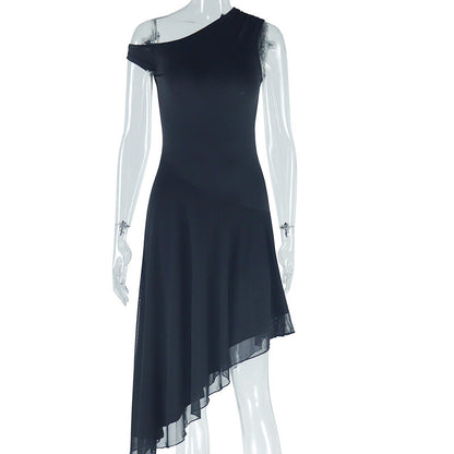 Women Clothing Solid Color Dress Diagonal Collar off Shoulder Sleeveless Irregular Asymmetric Dress by Ragazza