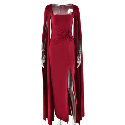 Dress Square Collar Mop Long Sleeve High Slit Solid Color Sexy Dress by Ragazza