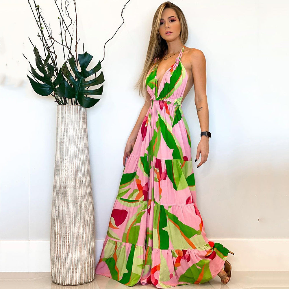 Spring Summer Women Clothing Deep V Plunge neck Backless Dress Bohemian Floral Strap Dress Women by Ragazza