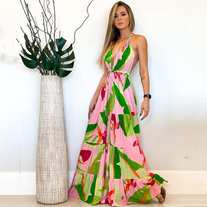 Spring Summer Women Clothing Deep V Plunge neck Backless Dress Bohemian Floral Strap Dress Women by Ragazza