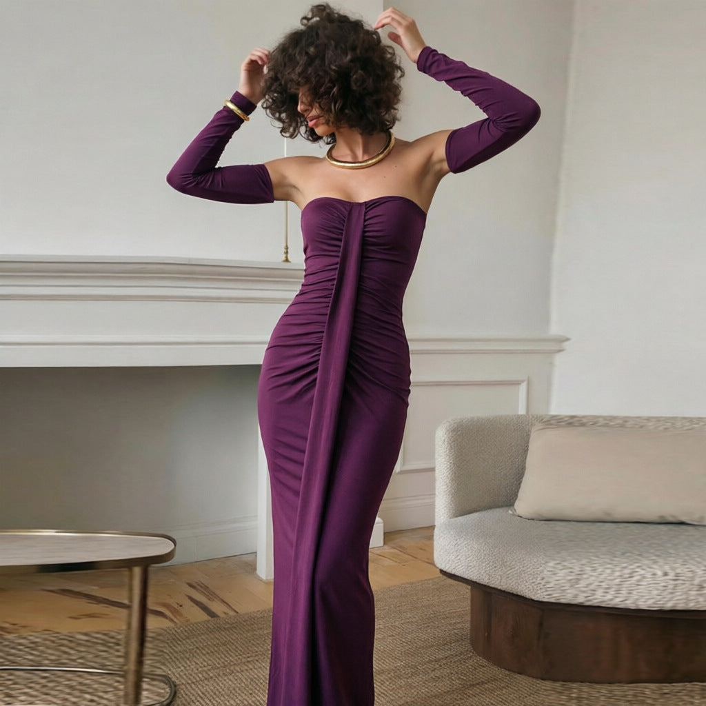 Women Clothing Autumn Wrapped Chest Pleated Slim Independent Sleeve Length Dress  DestGlow