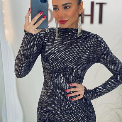 Women Sequin Design Slim Fit Graceful Tight Sexy Long Sleeve Narrow Dress Women by Ragazza