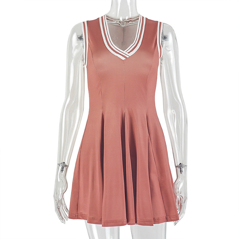 Stitching Women Clothing Pleated Waist Tight A line Dress Simple V neck Slimming Short Sleeveless Dress by Ragazza