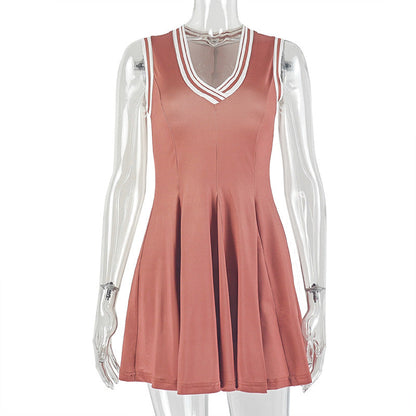 Stitching Women Clothing Pleated Waist Tight A line Dress Simple V neck Slimming Short Sleeveless Dress by Ragazza