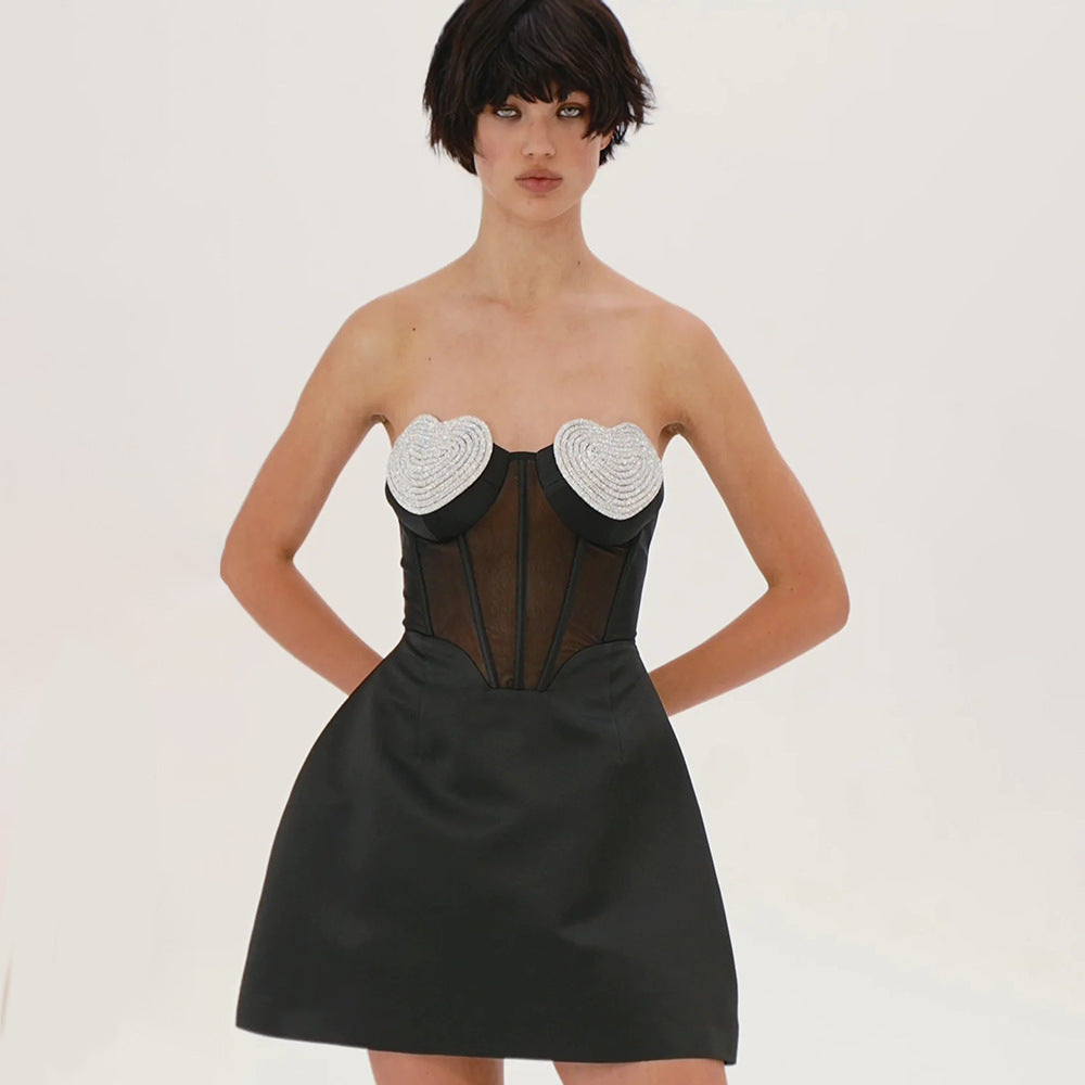 Sexy Peach Heart Drilling a Swing Strapless Dress Autumn Mesh See through Backless Dress by Ragazza