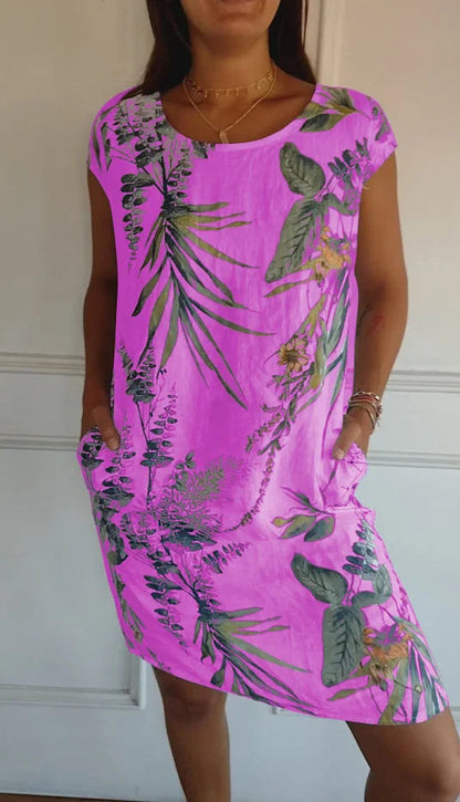 Women Clothing Summer Cotton Linen round Neck Printed with Pocket by Ragazza