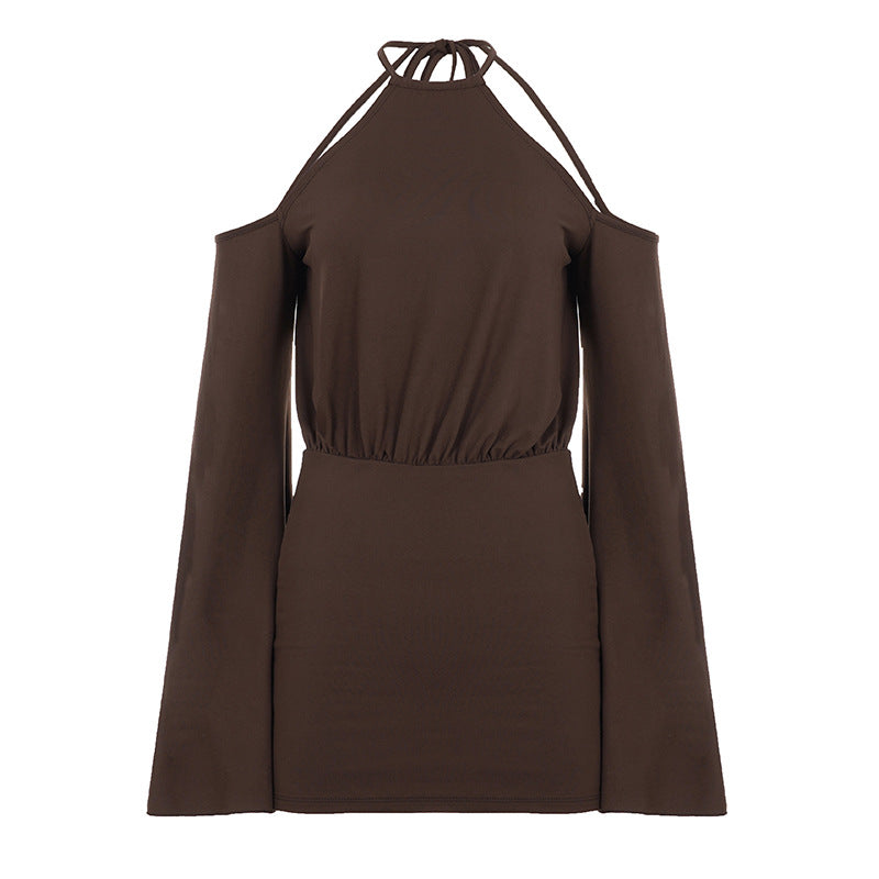 Women Clothing Solid Color Hollow Out Cutout Backless Halter Horn Shoulder Digging Long Sleeve Dress Baggy Package Hip Short Dress  DestGlow