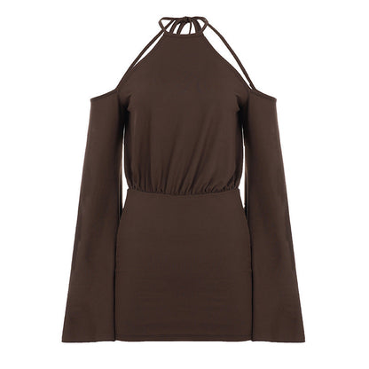 Women Clothing Solid Color Hollow Out Cutout Backless Halter Horn Shoulder Digging Long Sleeve Dress Baggy Package Hip Short Dress  DestGlow