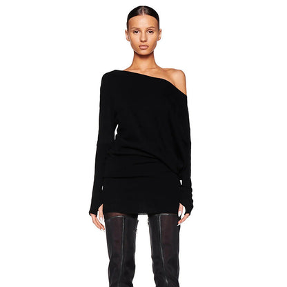 Women Clothing Autumn Personalized One Shoulder Cold Shoulder Long Sleeve Faux Two Piece Waist Slimming Hip by Ragazza