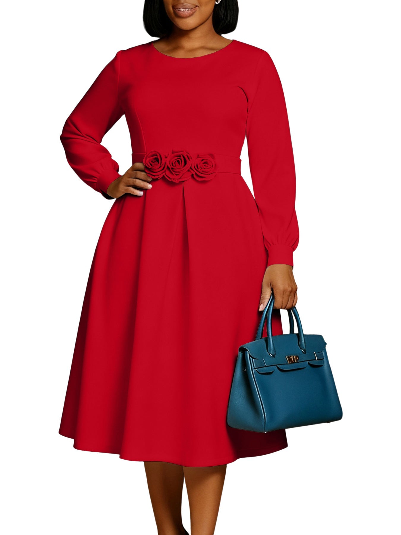 Women Clothing Autumn Winter Dress Solid Color round Neck Floral Swing Dress by Ragazza