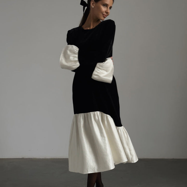 Korean Velvet Autumn French Stitching round Neck Flared Sleeves Dress Loose Maxi Dress Women Clothing by Ragazza