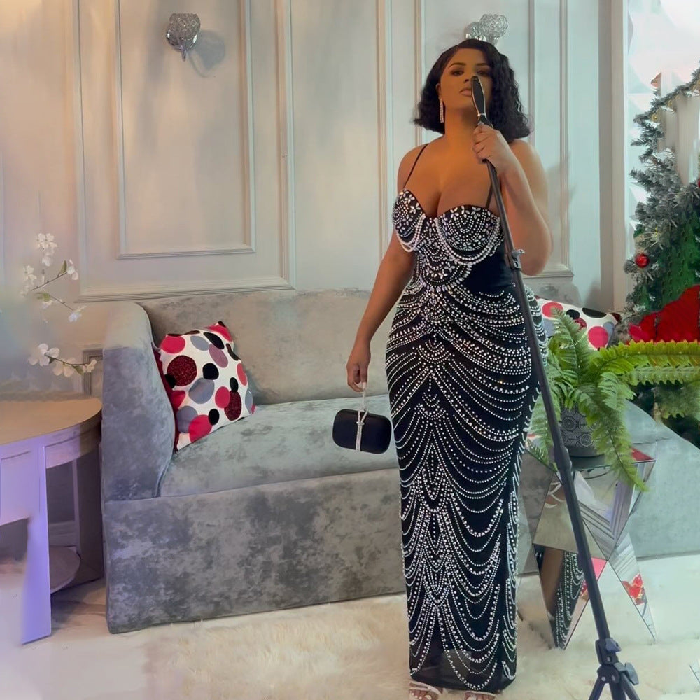 Strap Rhinestone Bubble Ball Evening Dress Sexy Dress Maxi Dress for Women by Ragazza