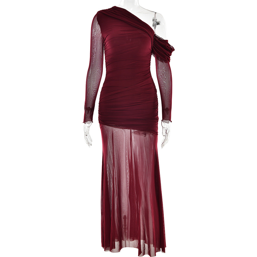 Women Dress Mesh Stitching Pleated Solid Color Long Sleeve Slim Fit Maxi Dress by Ragazza