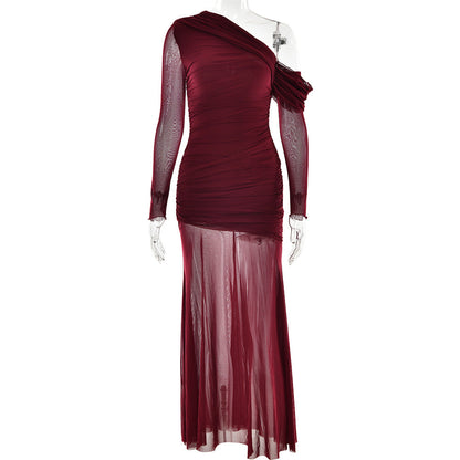 Women Dress Mesh Stitching Pleated Solid Color Long Sleeve Slim Fit Maxi Dress by Ragazza