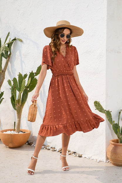 V neck High Waist Tied Dress Fur Ball Short Sleeve Dress Casual Vacation Travel Dress by Ragazza