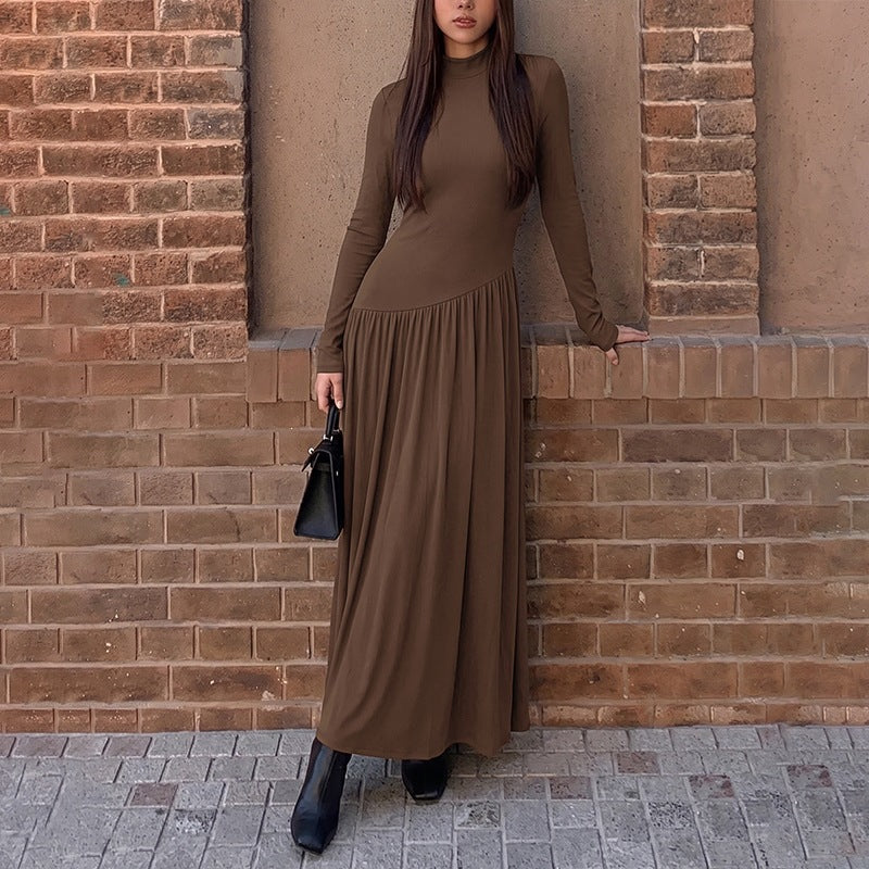 Casual Laid Back Solid Color Half Collar Stitching Long Sleeve Dress  DestGlow