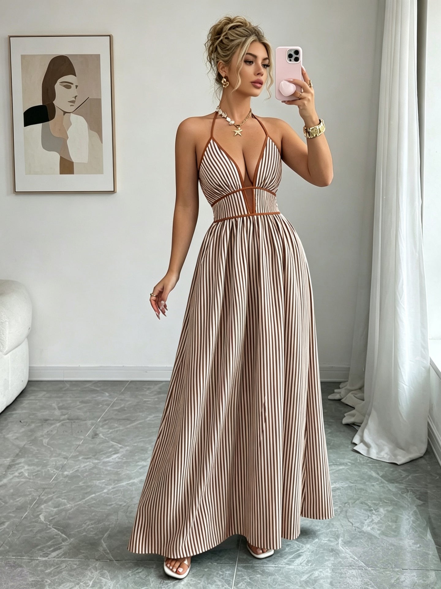 Casual Sleeveless Halter Fitted Waist Striped Color Matching Long Maxi Dress by Ragazza