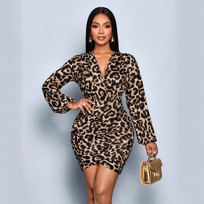 Women Clothing Autumn Winter Leopard Print Long Sleeve Dress Sexy Printed Satin Dress by Ragazza