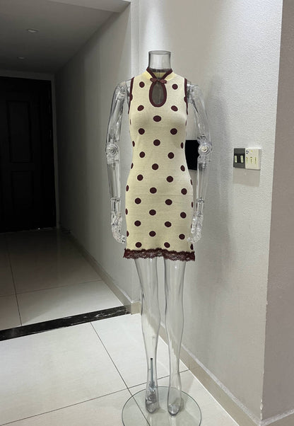 Summer Mid Polka Dot Contrast Color Lace Stitching Dress Stand Collar Sleeveless Sexy Casual Shaped Short Dress Women  DestGlow