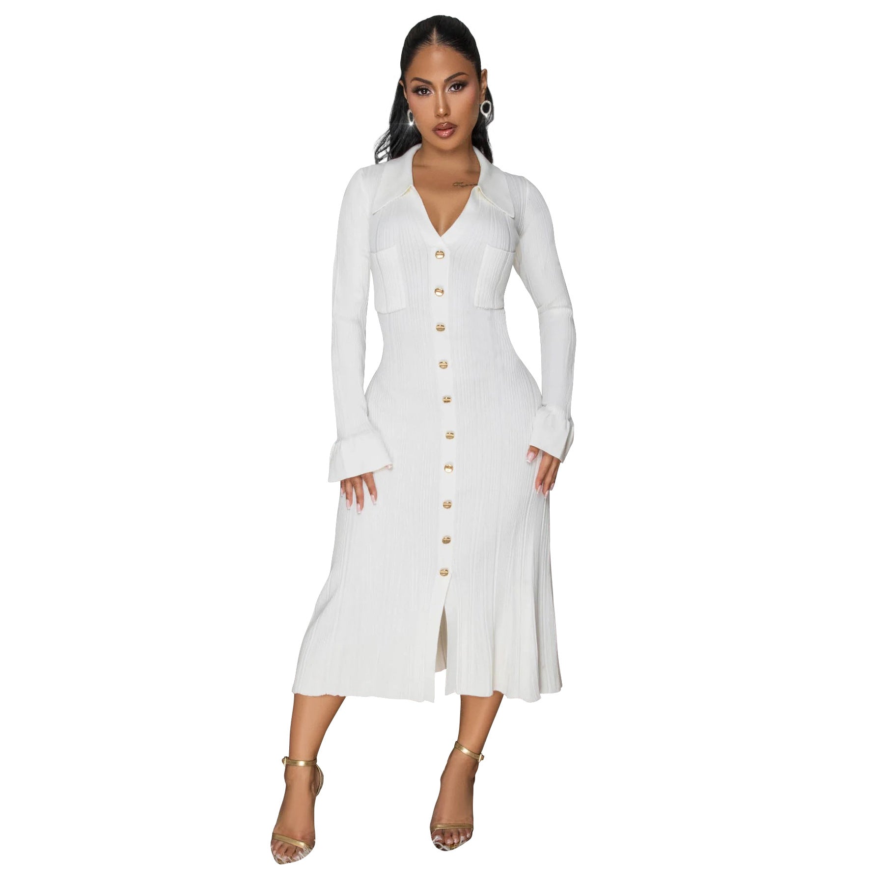 Women Wear V neck Solid Color Dress Single Breasted Long Sleeve Dress by Ragazza