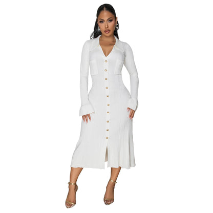 Women Wear V neck Solid Color Dress Single Breasted Long Sleeve Dress by Ragazza
