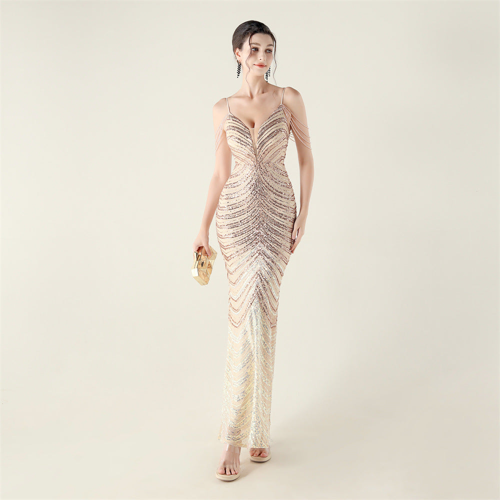 Deep V Plunge neck Wave Gradient Sequin Evening Dress Positioning Floral Cutting Craft Beaded Cocktail Battle Gown by Ragazza