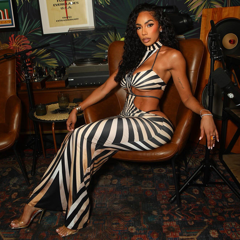 Women Clothing Zebra Print Hip Dress Backless Hanging Collar Lace up Dress  DestGlow