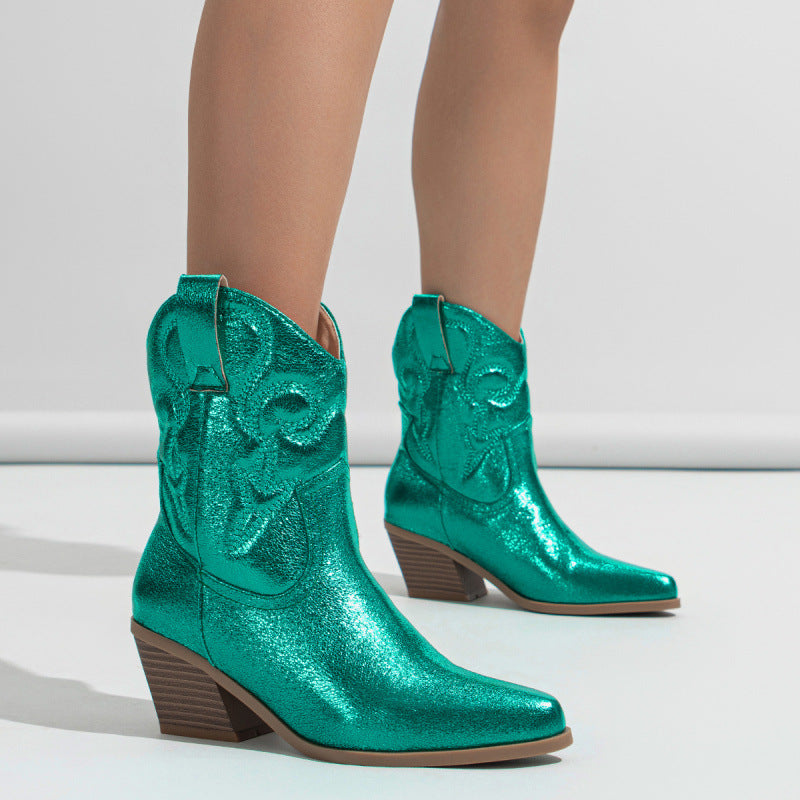 Knee High Boots Retro Slip on Embroidered Pattern Metal Elastic Chunky Heel Increased Outdoor Women Boots  DestGlow