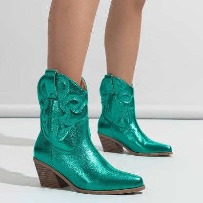 Knee High Boots Retro Slip on Embroidered Pattern Metal Elastic Chunky Heel Increased Outdoor Women Boots  DestGlow