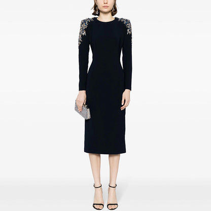 Autumn Winter Star Heavy Industry Beads Diamond Embedded Long Sleeve Mid Length Dress by Ragazza