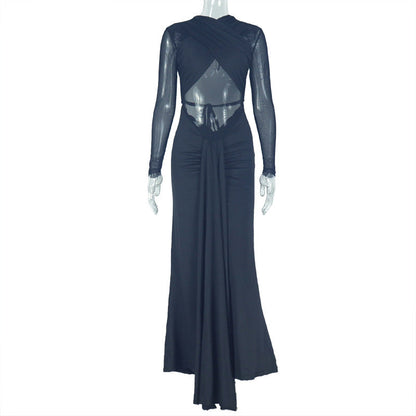 Elegant Simple Women Clothing Sexy Slim Hip Micro Transparent One Step Solid Color Pleated Wrapped Chest Length Dress by Ragazza