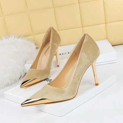 Cocktail Affordable Luxury High Heels Stiletto Heel Metal Pointed Toe Suede Women Thin Shoes  DestGlow