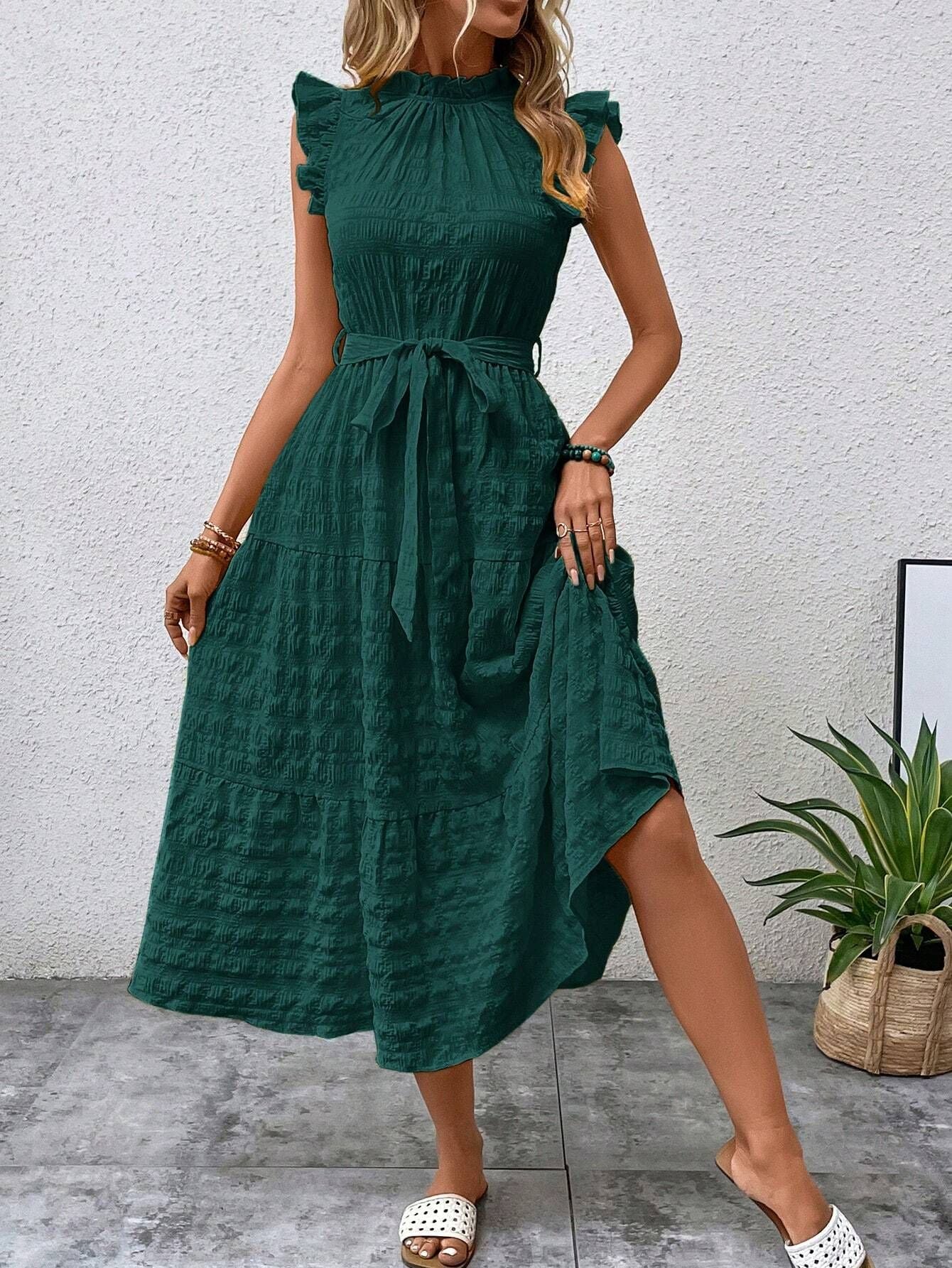 Women Clothing Summer Fashionable Stringy Selvedge Flying Sleeves Lace Up Texture Dress by Ragazza