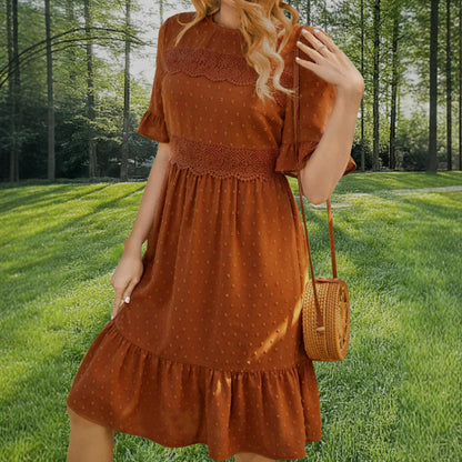 Spring Summer Women Lace Stitching Solid Color round Neck Ruffle Sleeve Dress by Ragazza