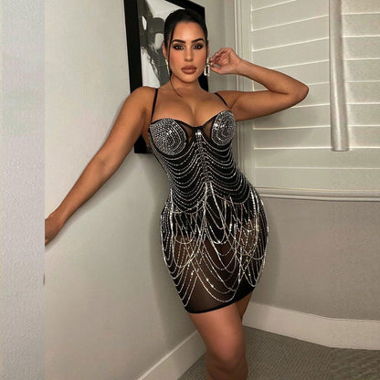 Sexy Slim Fit Rhinestone Tassel Dress by Ragazza