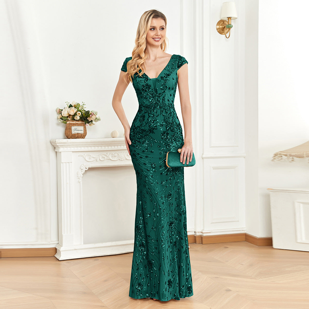 Sequined Champagne Evening Dress Women Cocktail Sexy Slim Fit Fishtail Long Toast Dress by Ragazza
