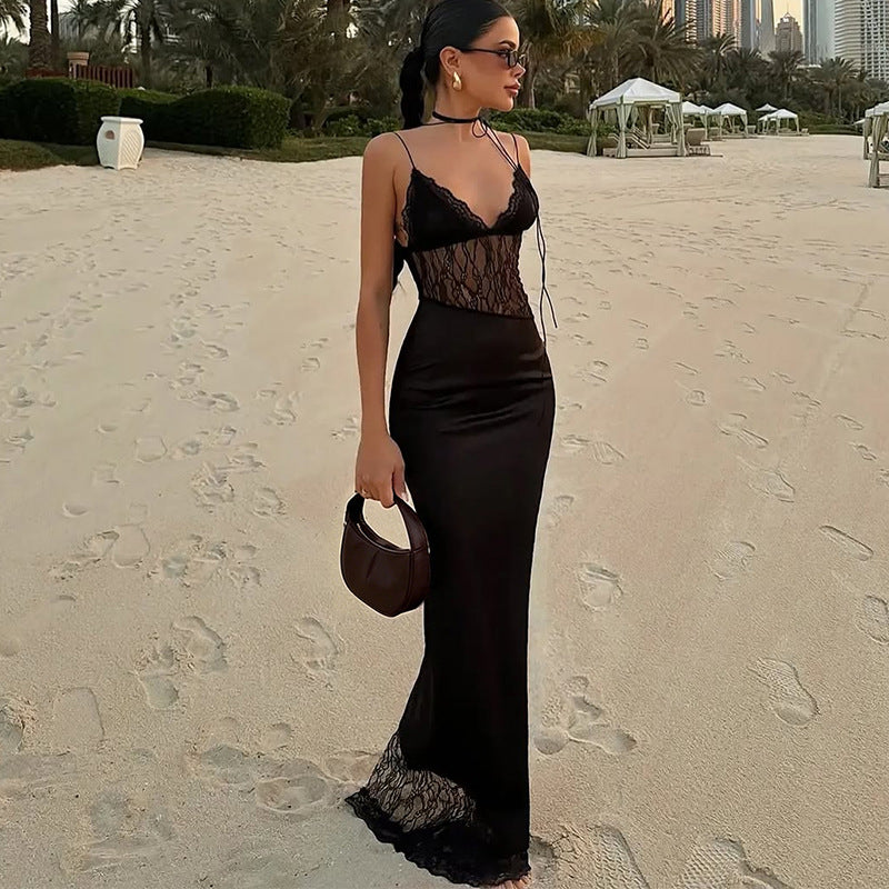 Spring Women Clothing Slim Fit Tied Low Collar Sexy Mesh Stitching Lace Dress Women  DestGlow