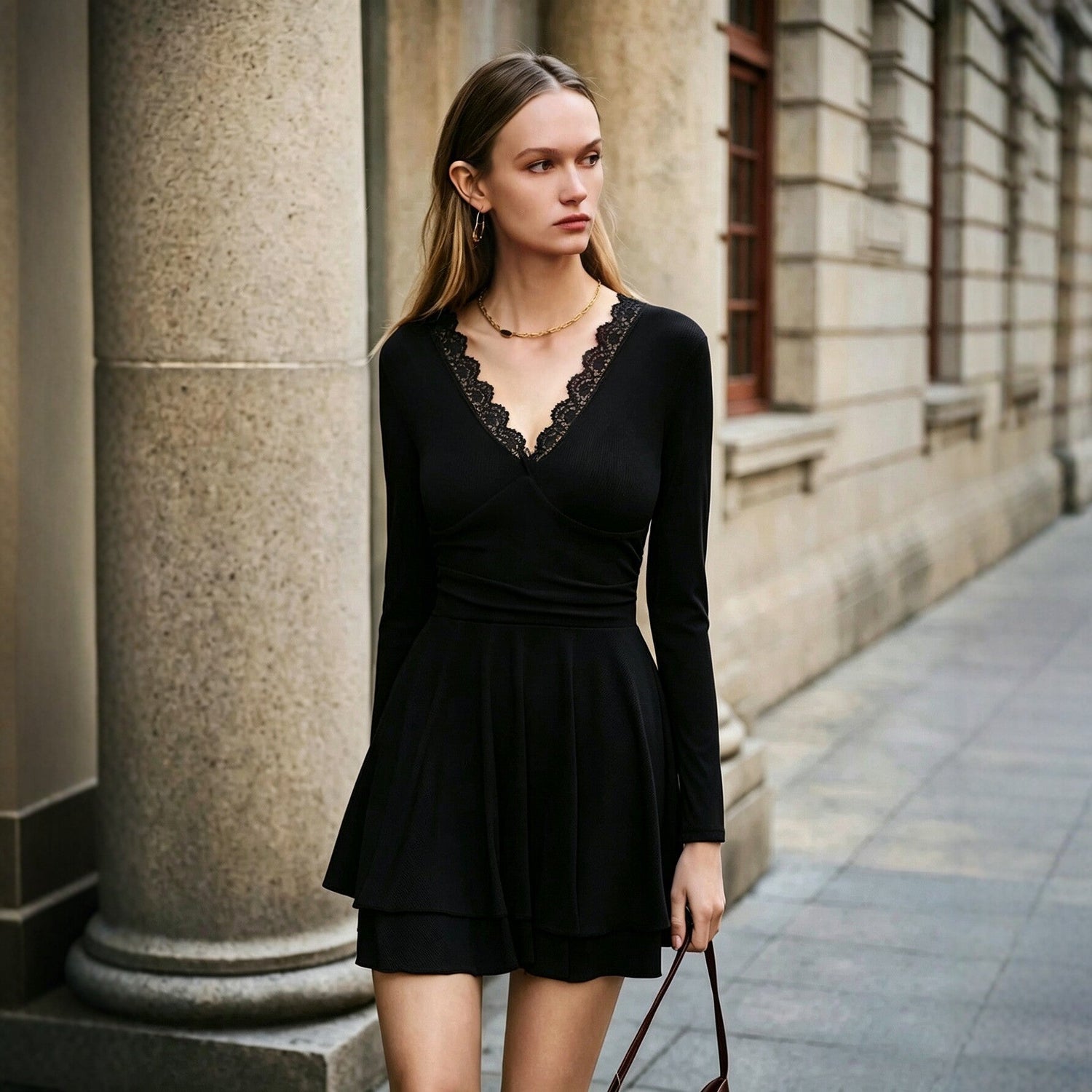 Women V neck Lace Dress Long Sleeve Waist Tight Slimming Flounce A line Dress  DestGlow