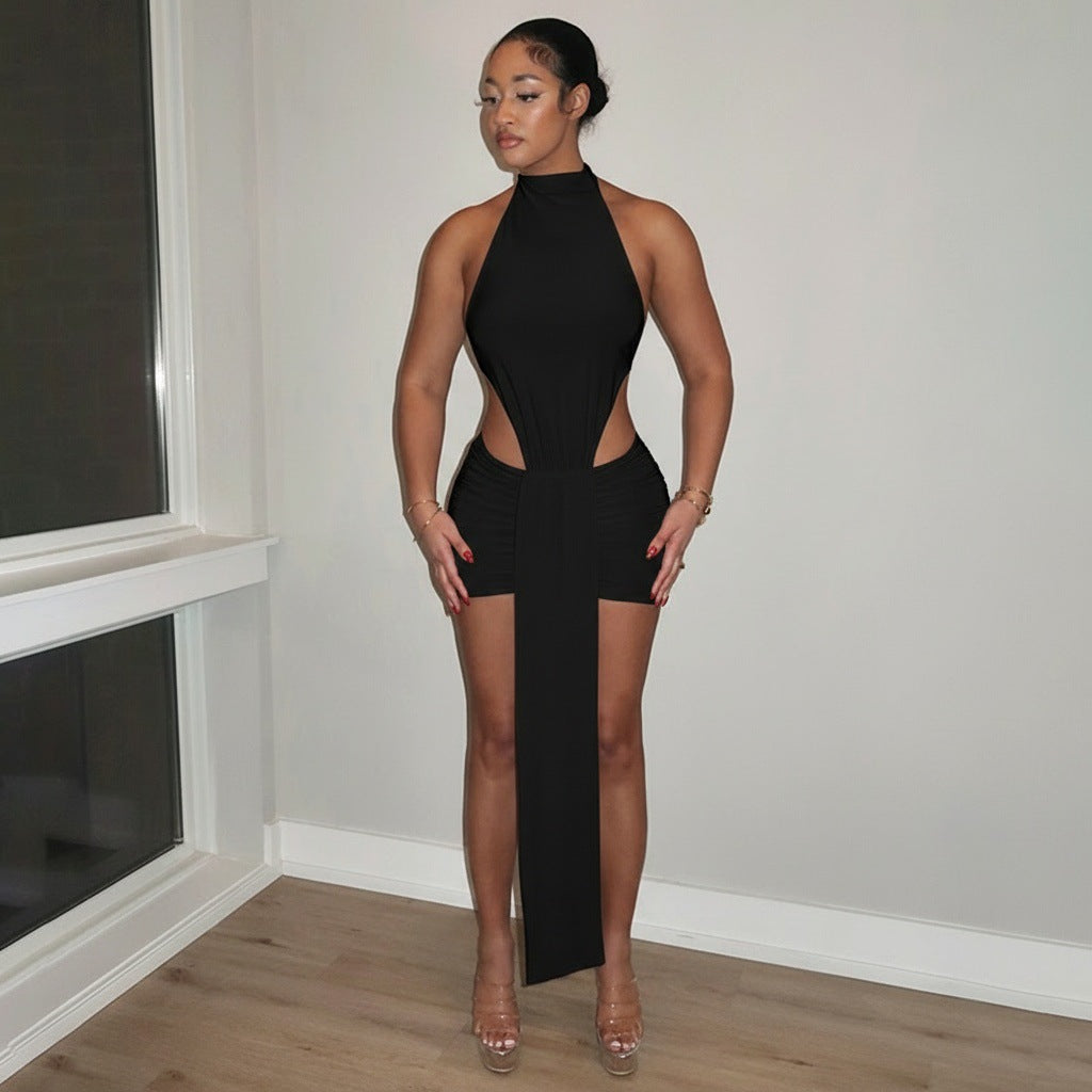 Women Clothing Spring Solid Color Stitching Sexy Slim Hollow Out Cutout Ribbon Short Sleeveless Dress by Ragazza
