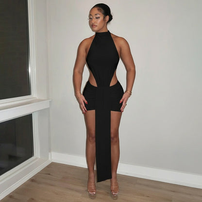 Women Clothing Spring Solid Color Stitching Sexy Slim Hollow Out Cutout Ribbon Short Sleeveless Dress by Ragazza