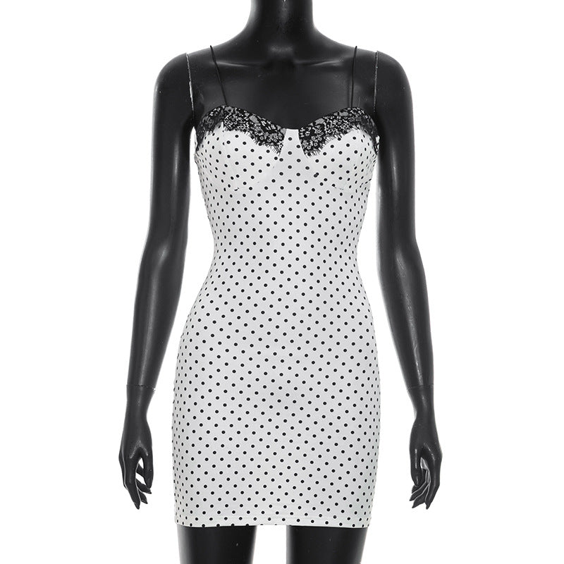 Women Clothing Summer Casual Polka Dot Print Sleeveless Strap Lace Tight Short Dress by Ragazza