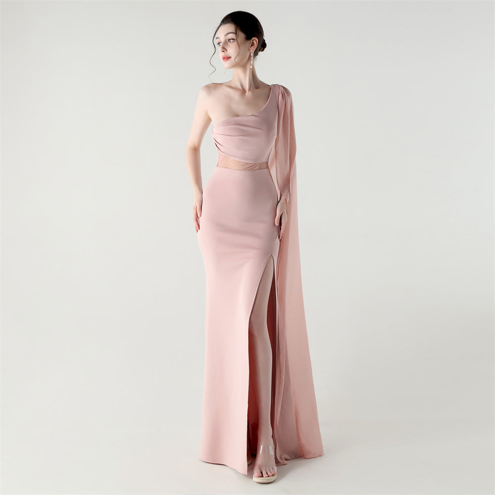 Single Shoulder Crossbody Stitching Mesh Design Satin Slim Cocktail Dress Evening Dress by Ragazza