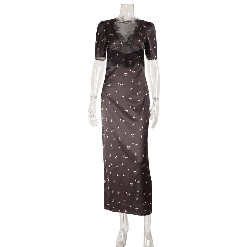 High End Elegant Women Satin Lace V neck Patchwork Hollowed Polka Dot Floral Print Mid Length Sleeves Dress by Ragazza