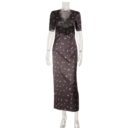 High End Elegant Women Satin Lace V neck Patchwork Hollowed Polka Dot Floral Print Mid Length Sleeves Dress by Ragazza