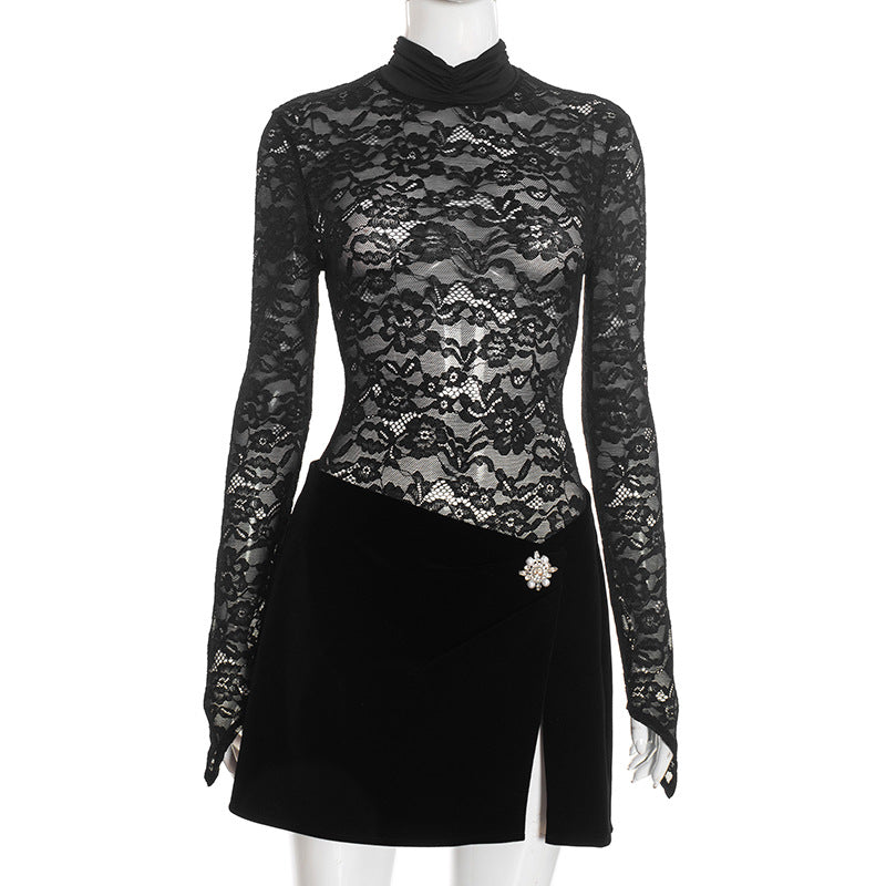 Women Clothing Autumn Winter Sexy Turtleneck Slim Lace Long Sleeve Split Skirt Casual Two Piece Sets by Ragazza