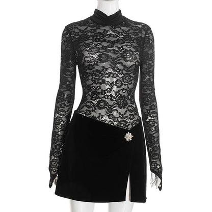 Women Clothing Autumn Winter Sexy Turtleneck Slim Lace Long Sleeve Split Skirt Casual Two Piece Sets by Ragazza